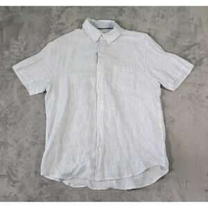 Panama Jack Button Up Shirt Mens Large Blue Striped Short Sleeve 100% Linen